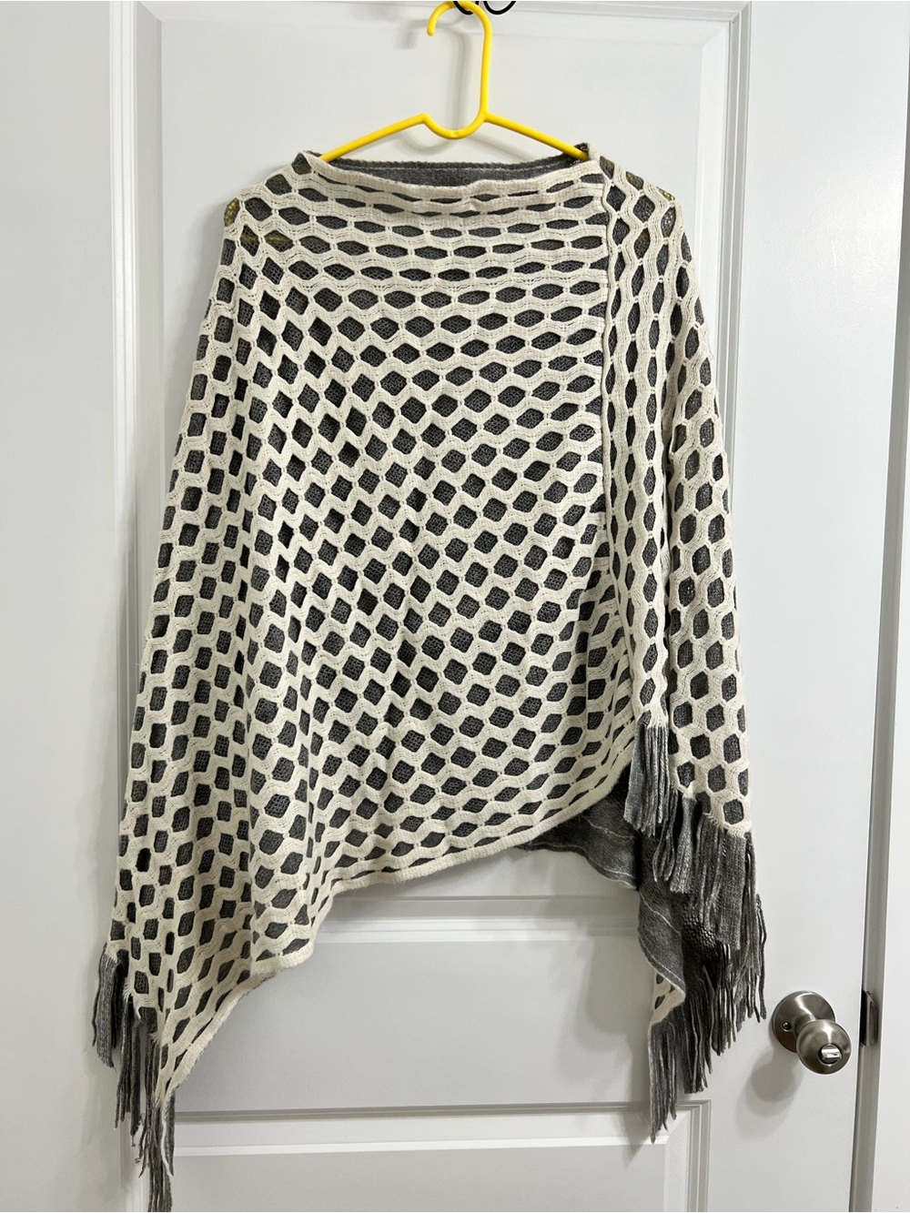 Cream and Gray Patterned Fringe Women's Sweater Poncho One Size